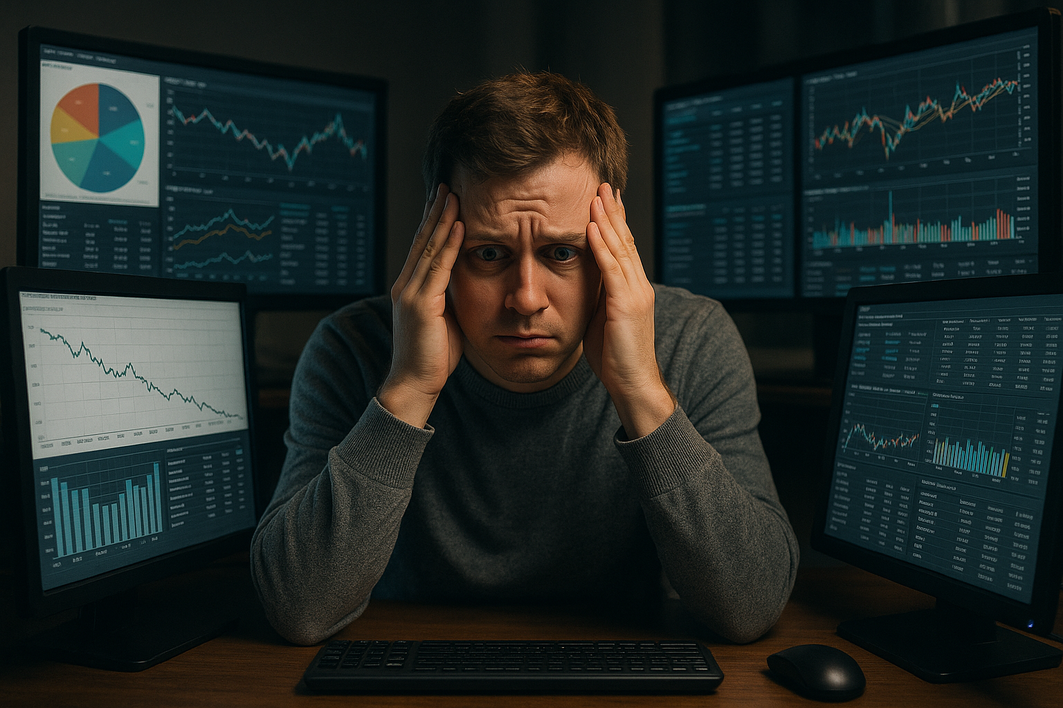 Person looking overwhelmed with multiple computer screens and charts
