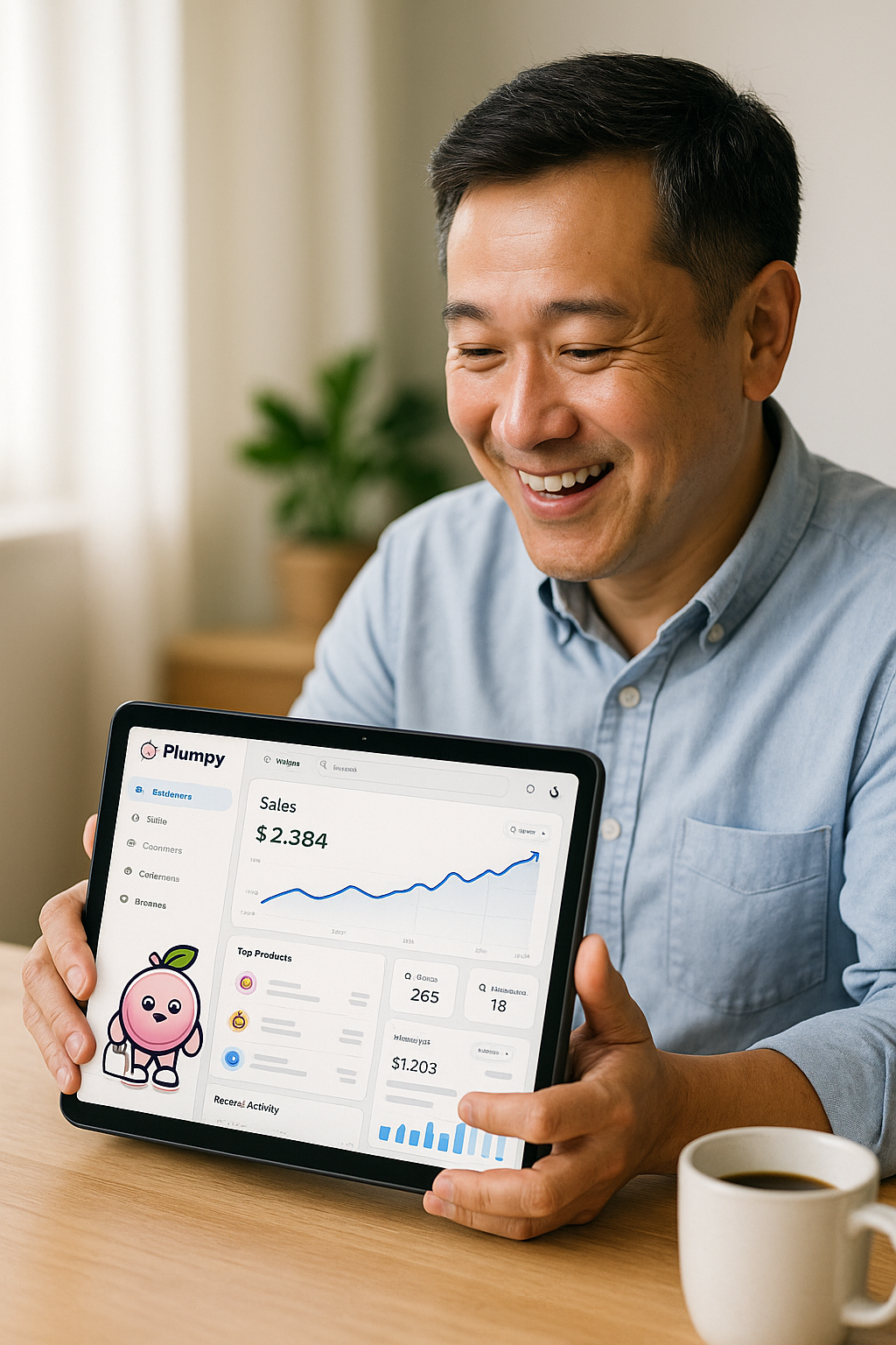 Happy merchant using Plumpy on tablet with sales charts growing